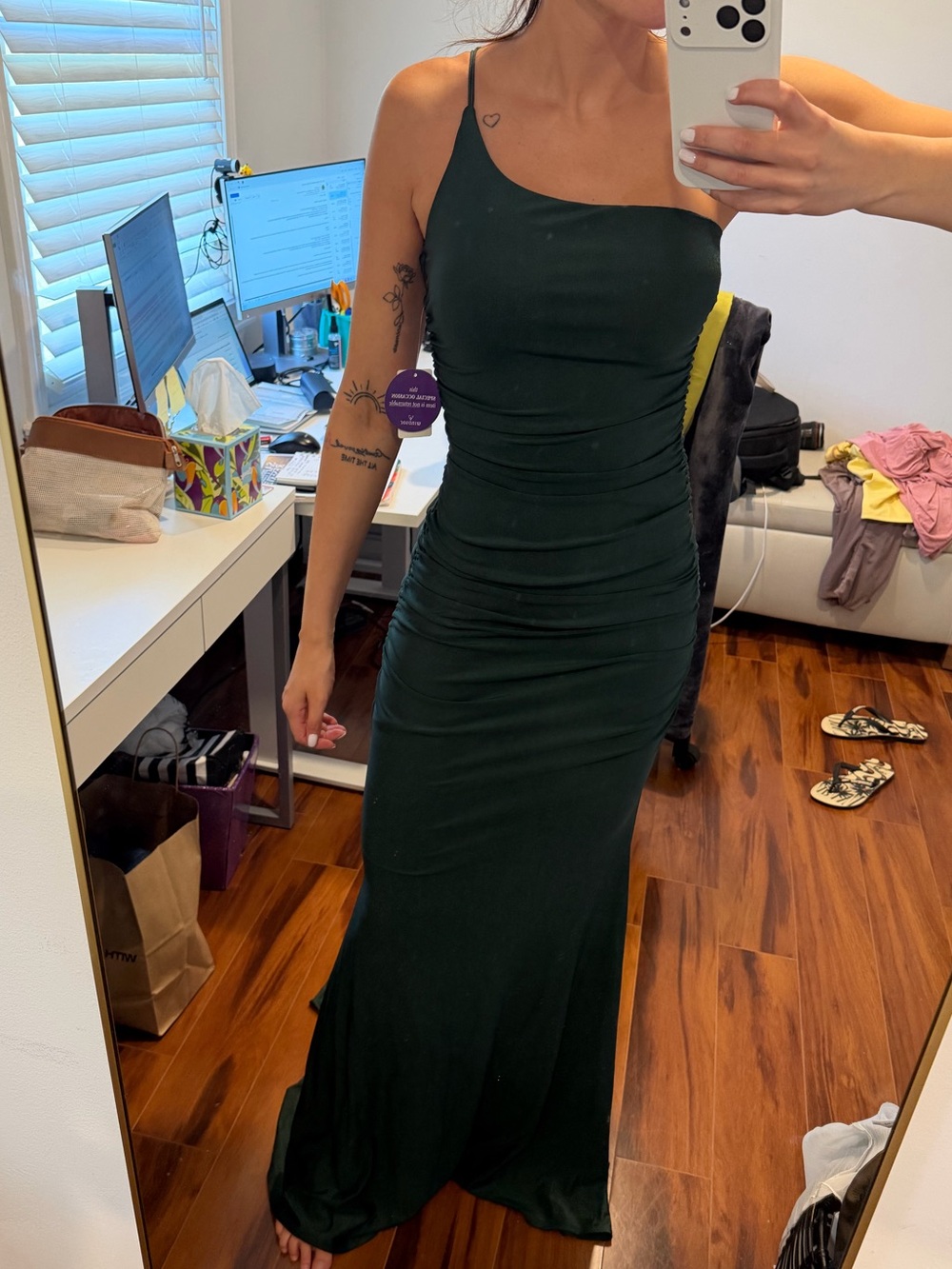 Asymmetric Strap Dark Green Ruched Maxi Dress